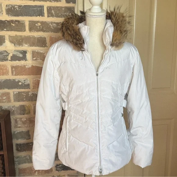 Vintage Anne Klein White Down Hooded Ski Jacket Puffy Parka Real Fur Trim Sz S - Picture 2 of 15